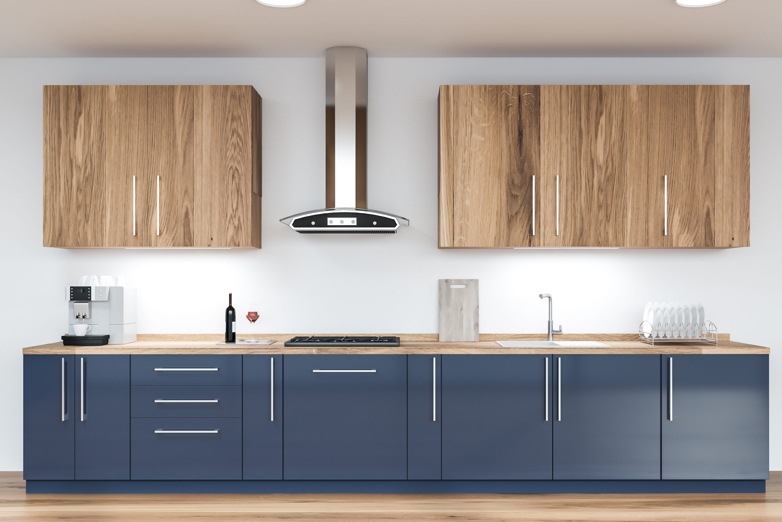 White kitchen interior with blue countertops